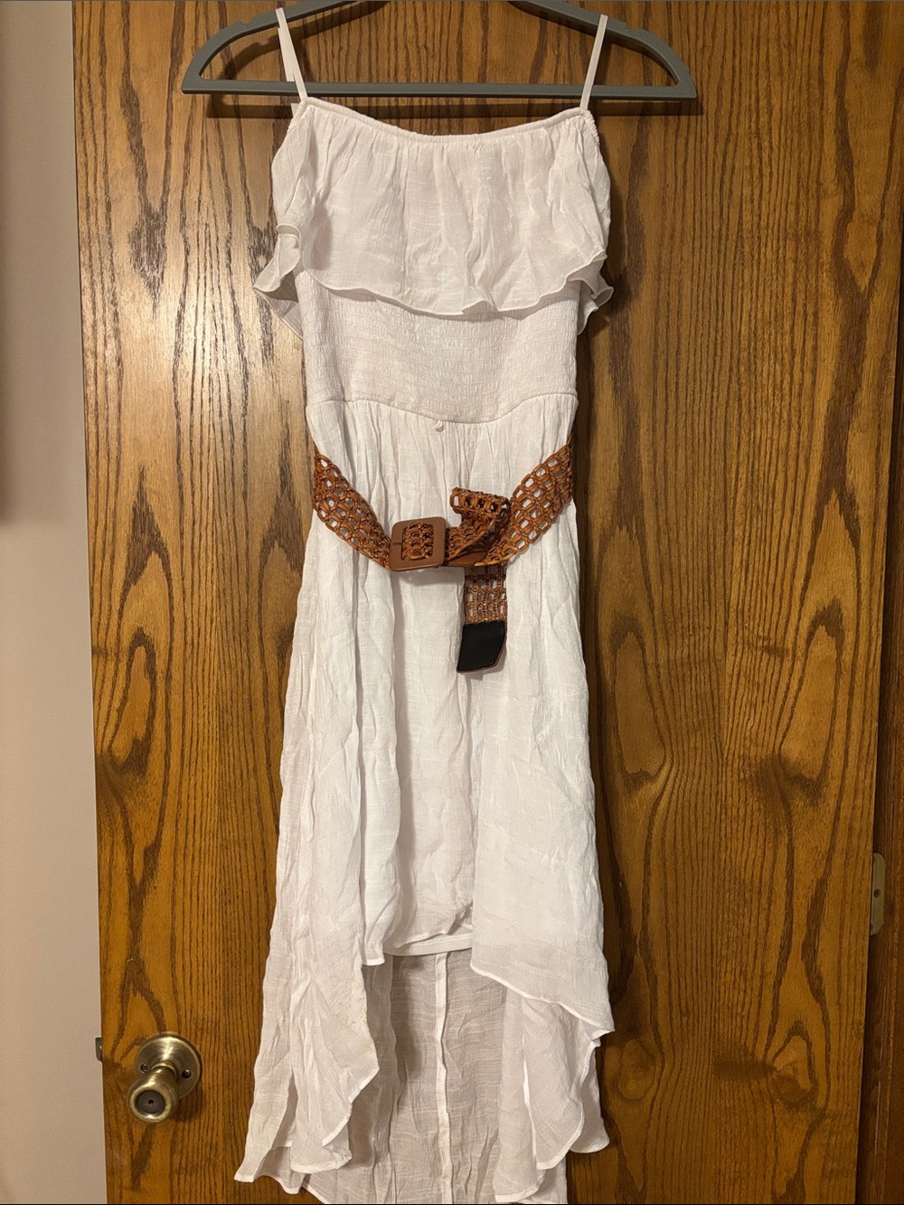 Iz Byer White Off-Shoulder High-Low Dress with Brown Woven Belt
